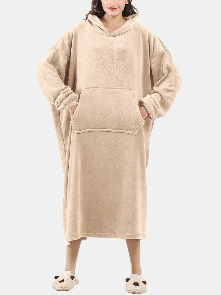 Women Fleece Flannel Warm Heated Wearable Blanket Hoodies Home Oversized Robes With Kangaroo Pocket