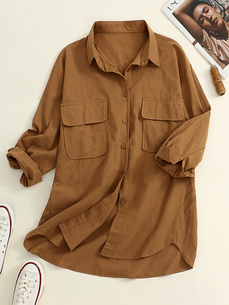 Casual Solid Lapel Collar Pocket Button Loose Cotton Blouse