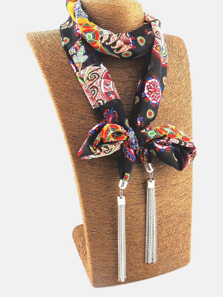 Ethnic Simple Tassels Pendant Flowers Shape Silk Scarf Necklace