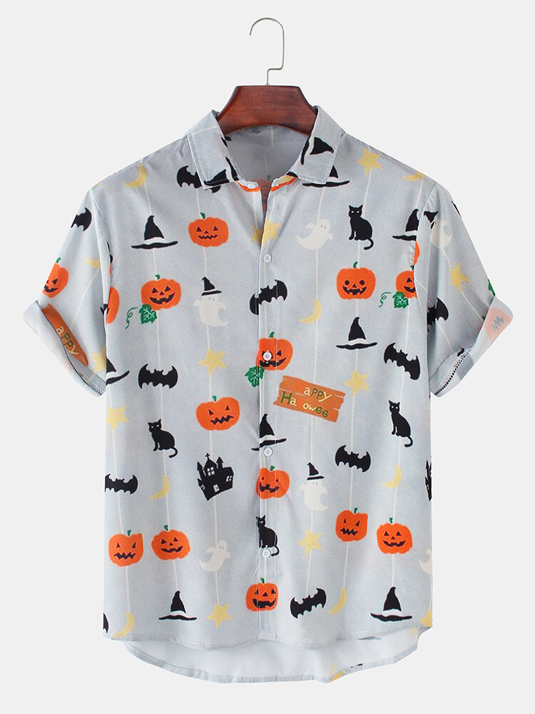 Mens Halloween Funny Pumpkin Cat Printed Casual Loose Short Sleeve Shirts