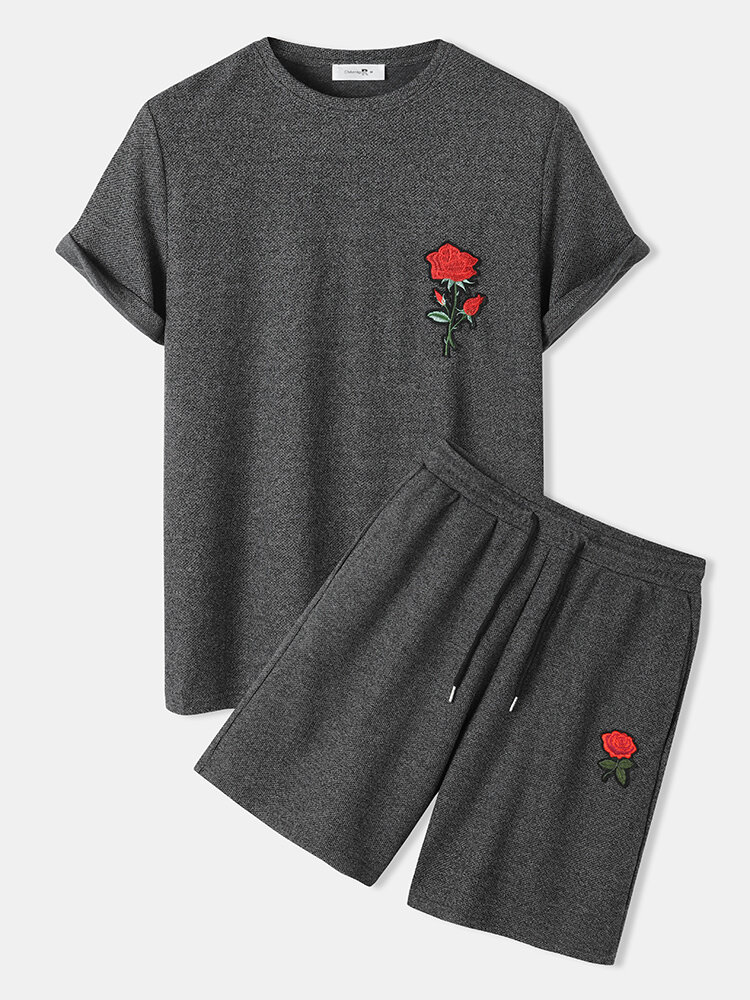Mens Knitted Rose Embroidery Patched Short Sleeve T-Shirt & Drawstring Shorts Co-ords
