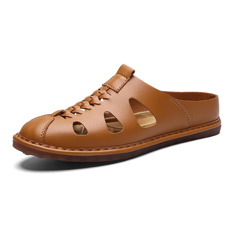 Large Size Men Stitching Soft Sole Leather Backless Loafer Casual Sandals