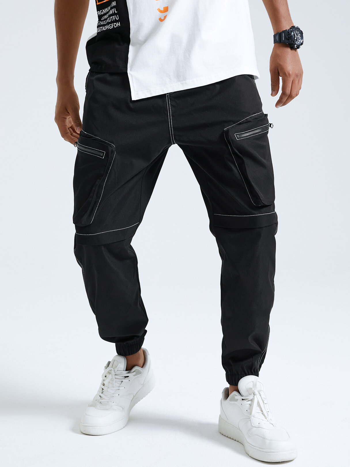 Men Fashion Casual Zip Pockets Elastic Waist Cargo Pants