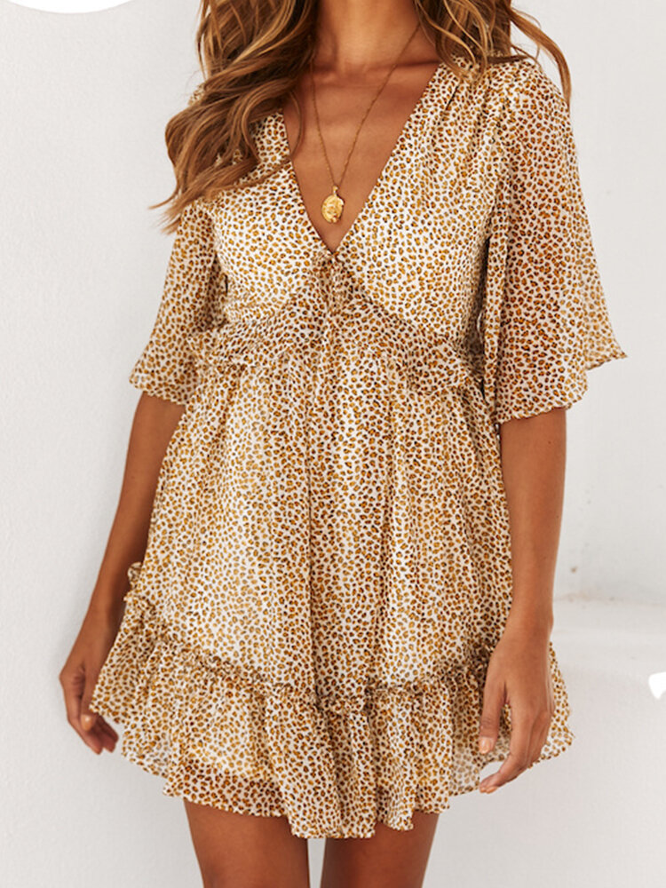 Leopard Print Backless Half Sleeve Mini Dress For Women