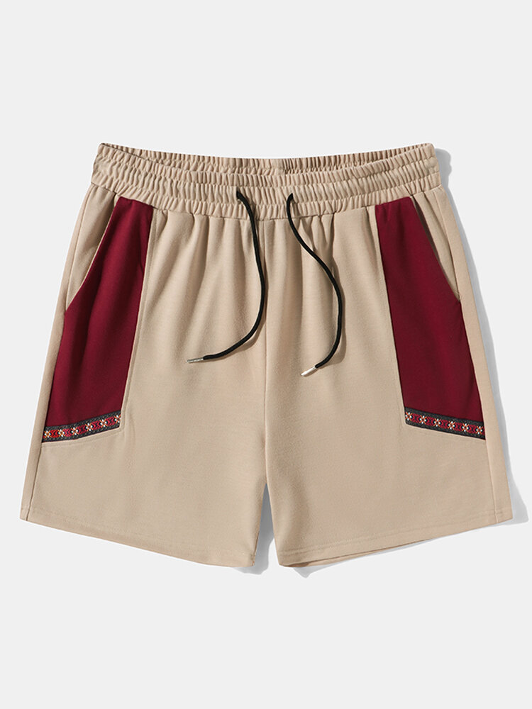 ChArmkpR Mens Ethnic Ribbon Color Block Stitching Loose Drawstring Shorts