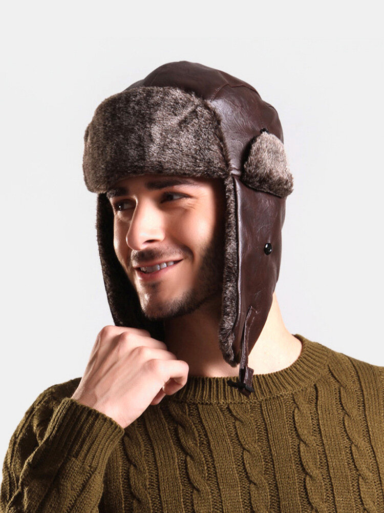 Мужская бархатная зимняя куртка с воротником из искусственной кожи, сохраняет тепло Уши, защитная однотонная кожаная охотничья шапка, ловец Шапка