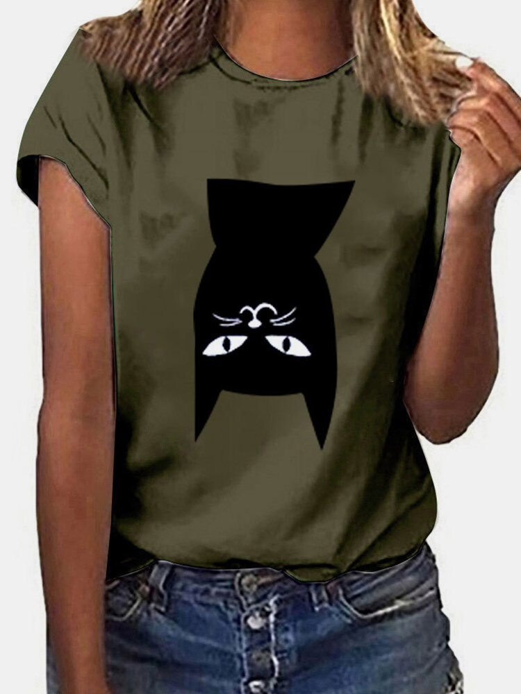 Crew Neck Cartoon Cat Print Short Sleeve Casual T-shirt