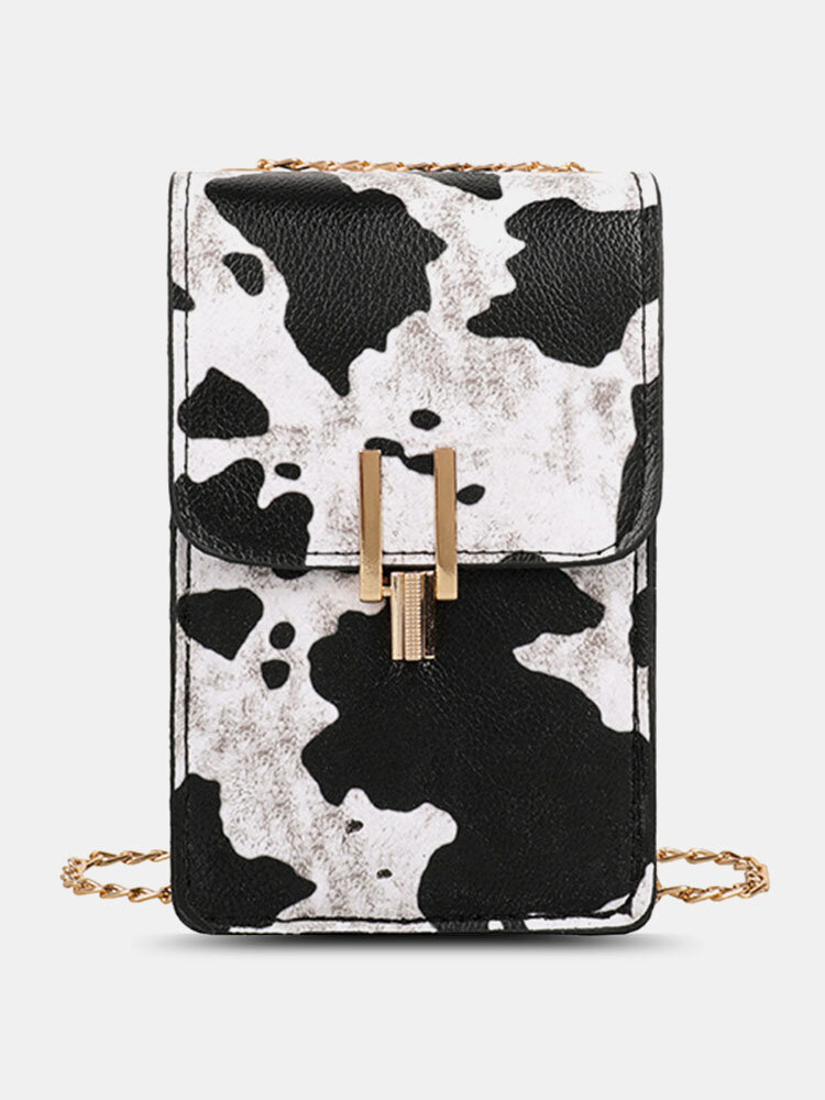 Women Chain Cow Leopard Pattern Print 6.5 Inch Phone Bag Crossbody Bag