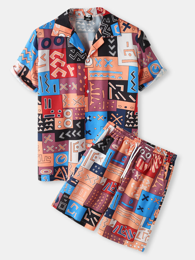 Mens Tribal Pattern Short Sleeve Revere Collar Shirt & Shorts Loungewear Set