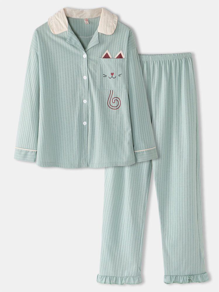 Women Cartoon Cat Pocket Knitted Long Sleeve Loungewear Plus Size Home Cotton Pajamas Sets