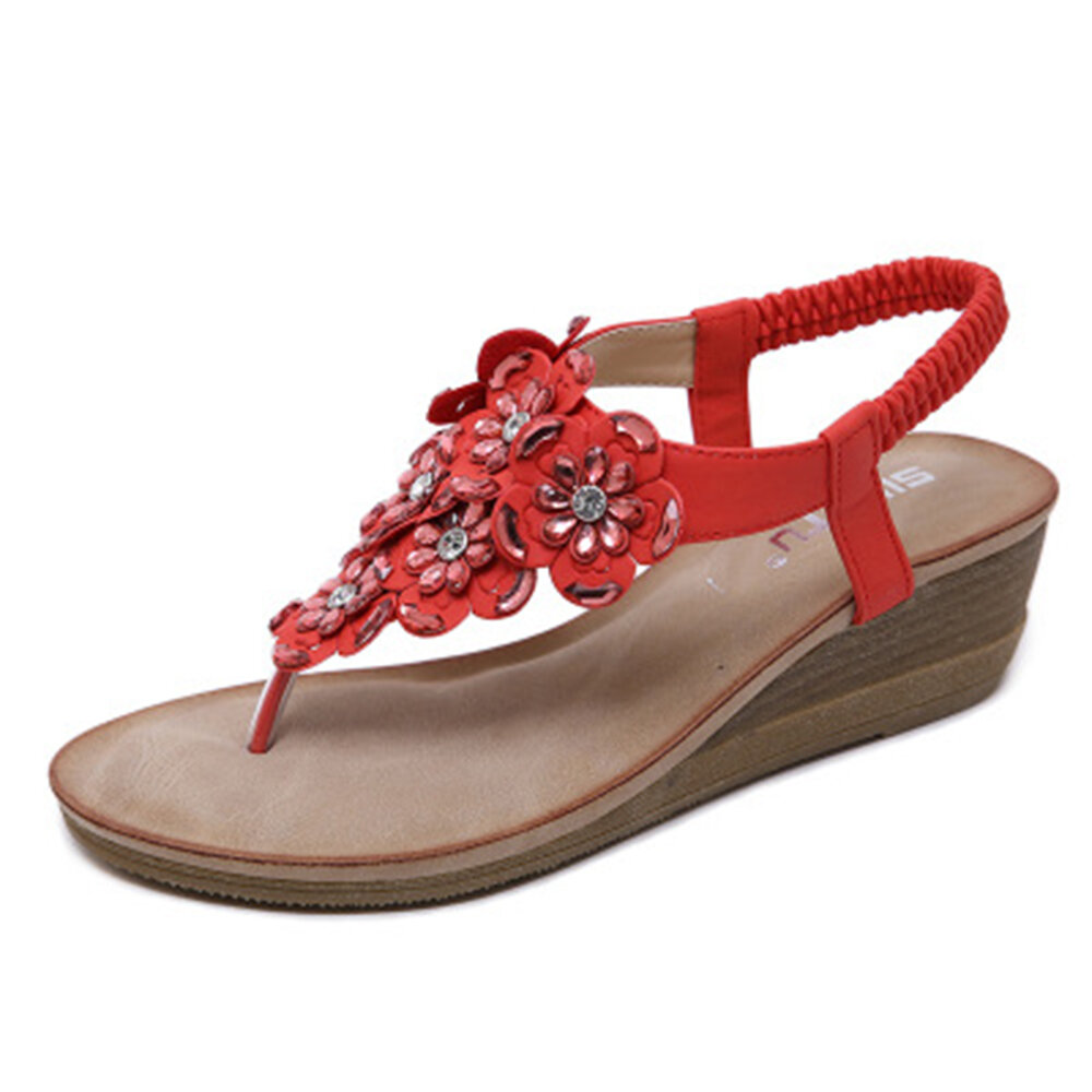 Bohemia Rhinestone Flowers Comfy Soft Clip Toe Wedges Sandals For Women