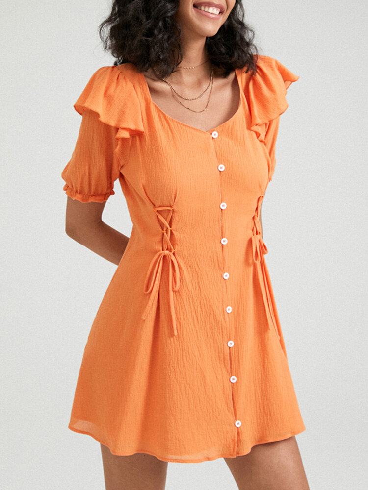 Solid Lace Up Ruffle Sleeve Button Tie Back Dress
