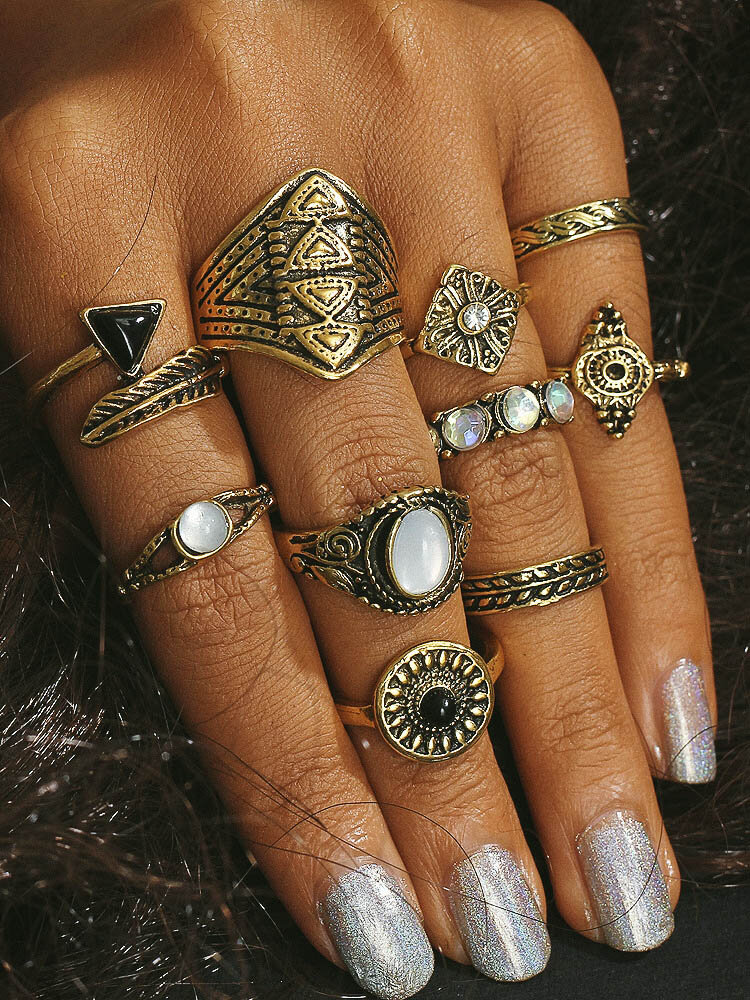 10 Pcs Bohemian Statement Ring Set Vintage Rhinestones Gem Casual Knuckle Rings Gift for Women