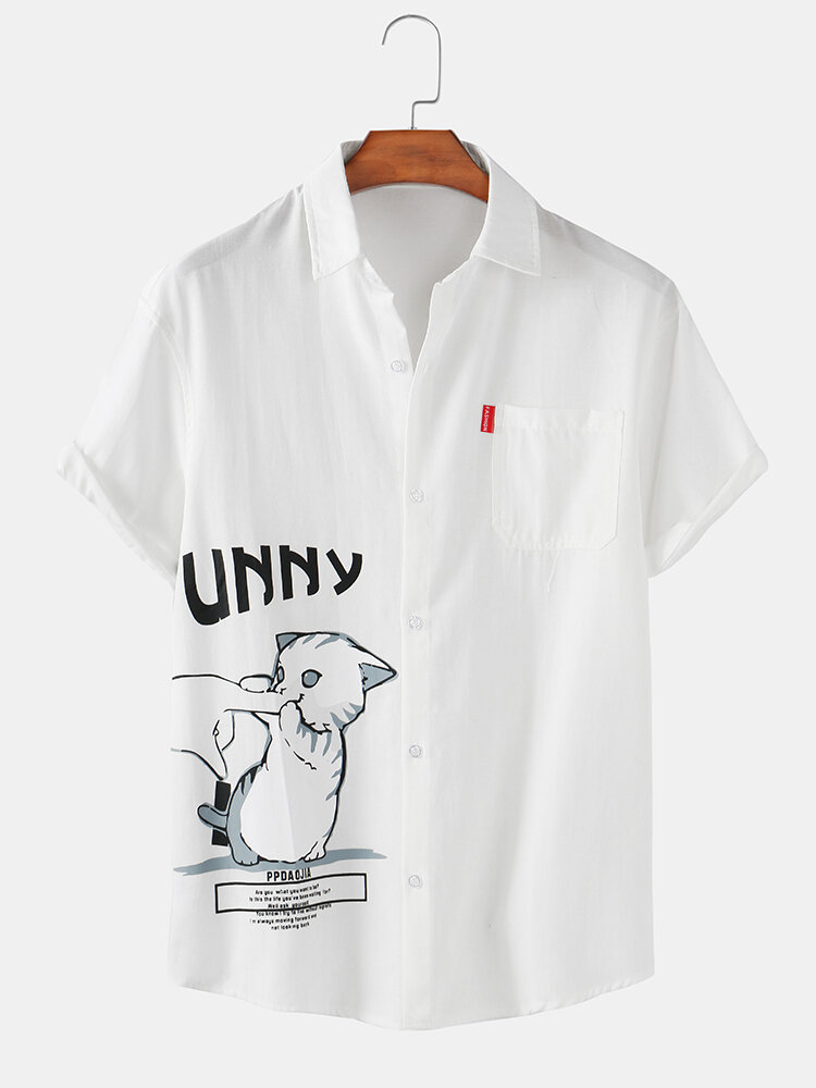 Mens Funny Cartoon Cat Print Casual Light Short Sleeve Shirts