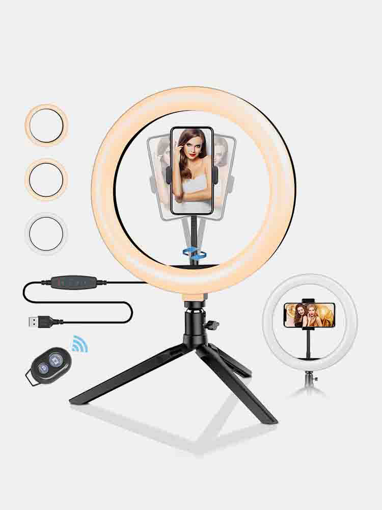 10Inch Dimmable LED Ring Light Tripod Stand USB Plug for TikTok Youtube Live Stream Makeup with Phone Clip