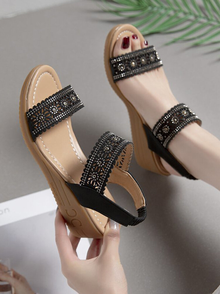 Women Casual Soft Comfy Breathable Hollow Rhinestone Embellished Wedges Sandals