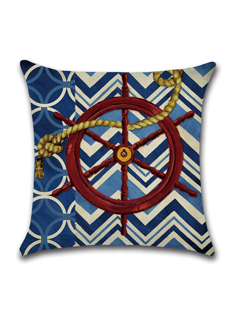 Vintage Nautical Anchor Rudder Pattern Linen Cotton Cushion Cover Home Sofa Art Decor