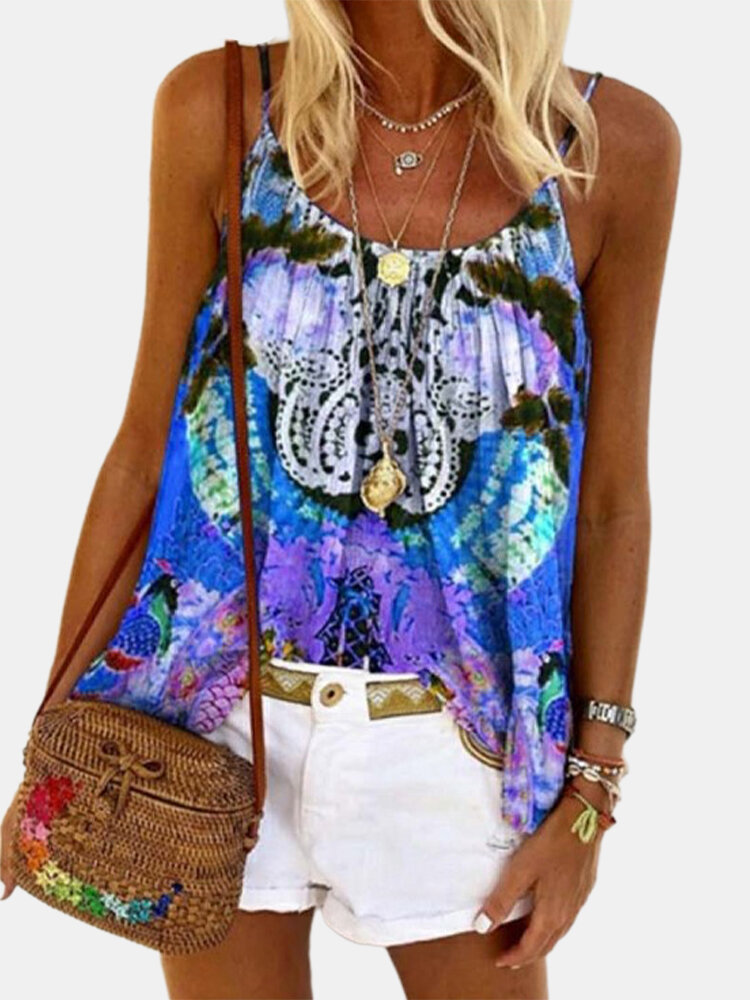 Vintage Printed Straps Casual Tank Top For Women