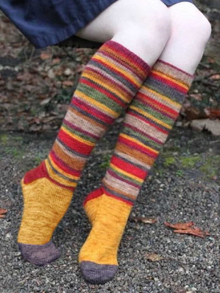 Women Color Striped Stockings Cotton Socks Casual Color  Halloween Christmas Knee Socks