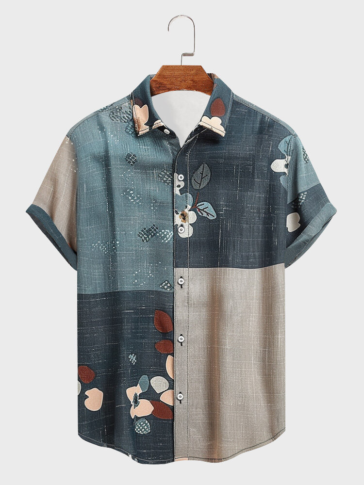 Camisas masculinas de manga curta com estampa floral patchwork lapela