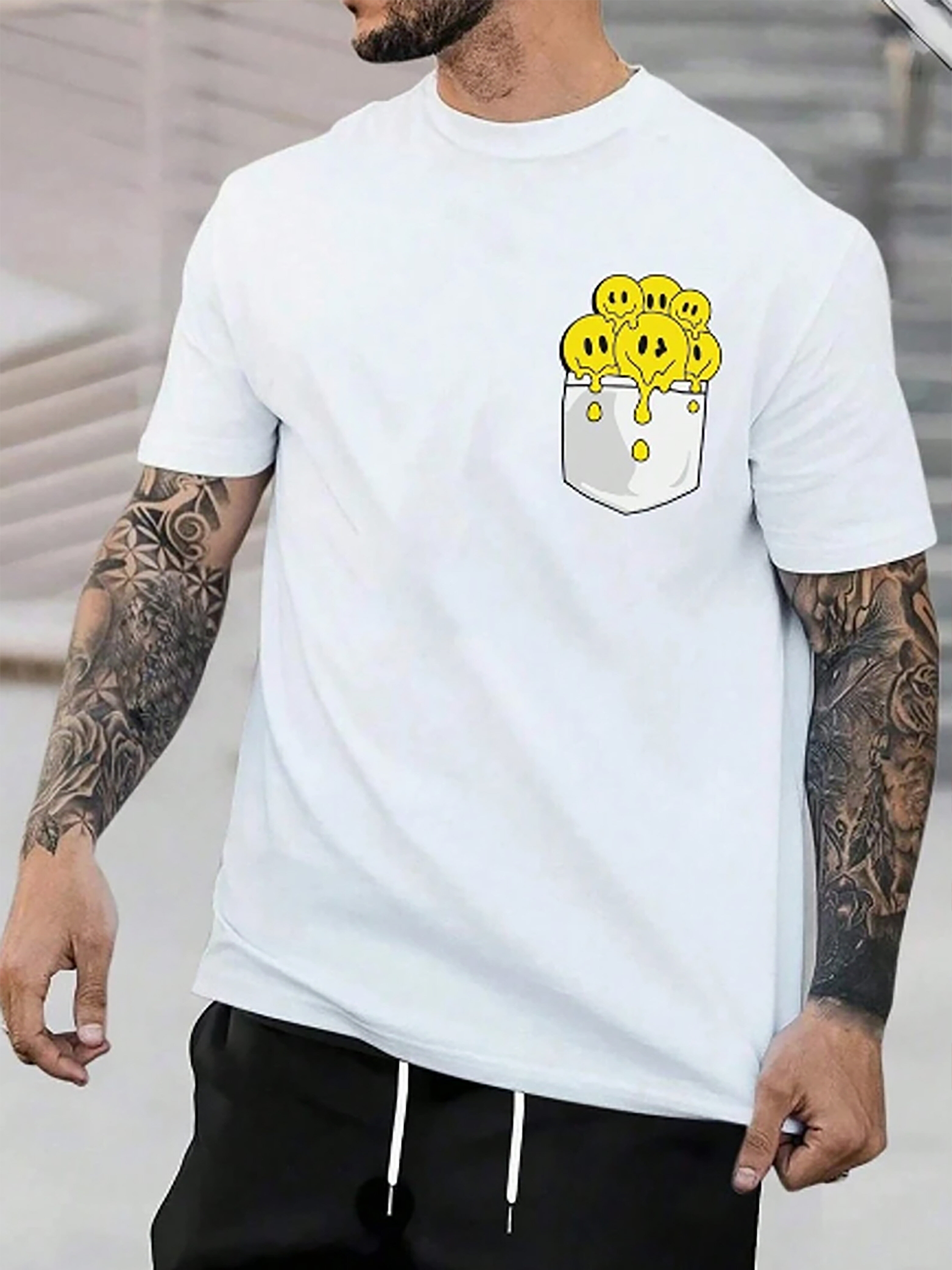 T-shirt a maniche corte da uomo Drip Smile Face Print Crew Collo