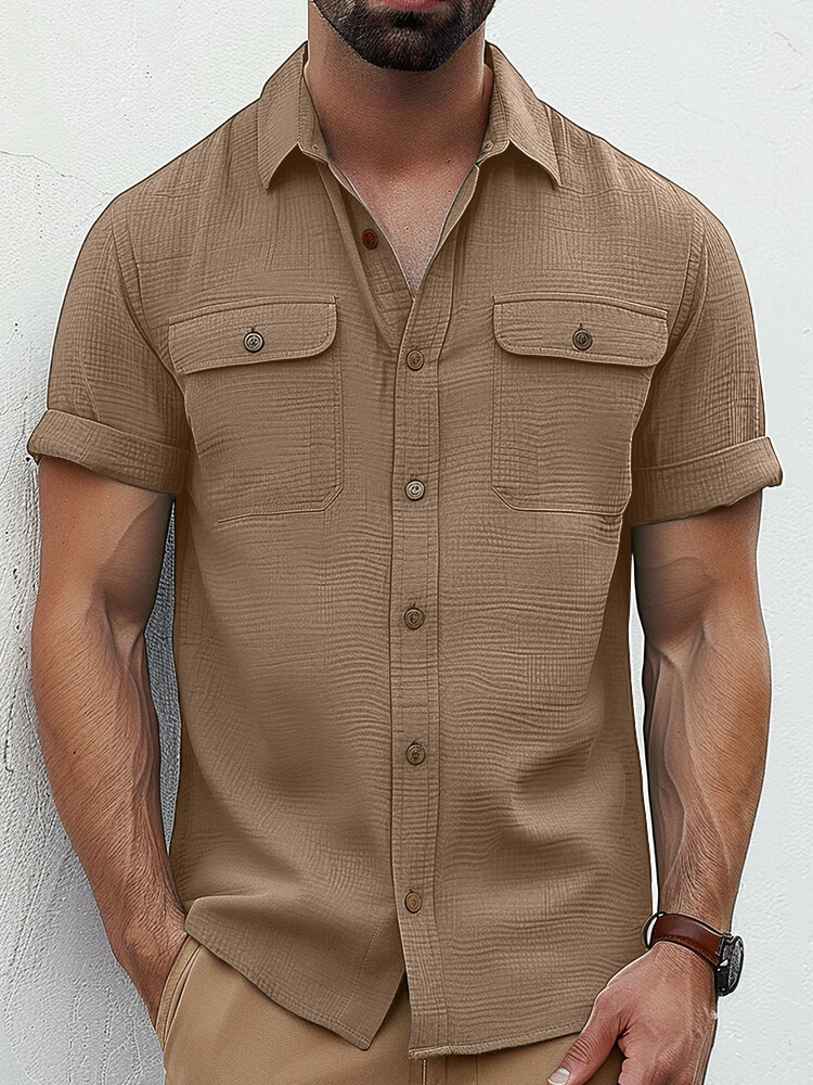

Mens Solid Chest Pocket Lapel Collar Short Sleeve Shirts, Maroon;green