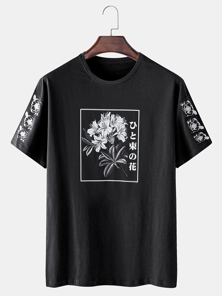Mens Floral Japanese Character Print Loose 100% Cotton Short Sleeve T-Shirts