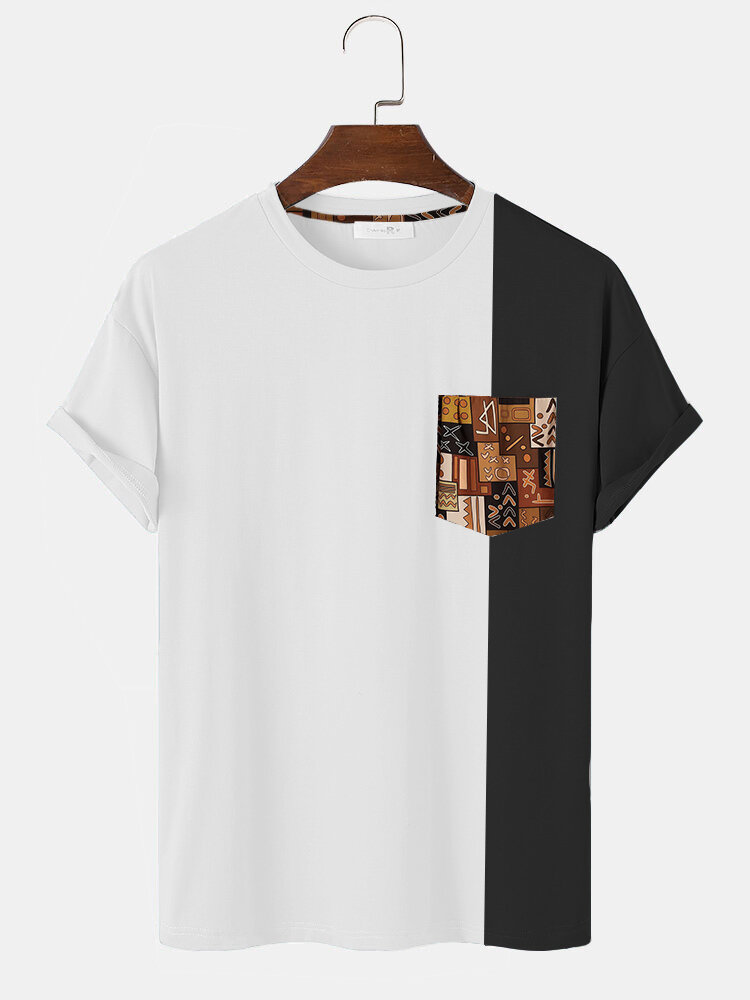 Camisetas masculinas étnicas Geo de bolso com estampa contrastante manga curta