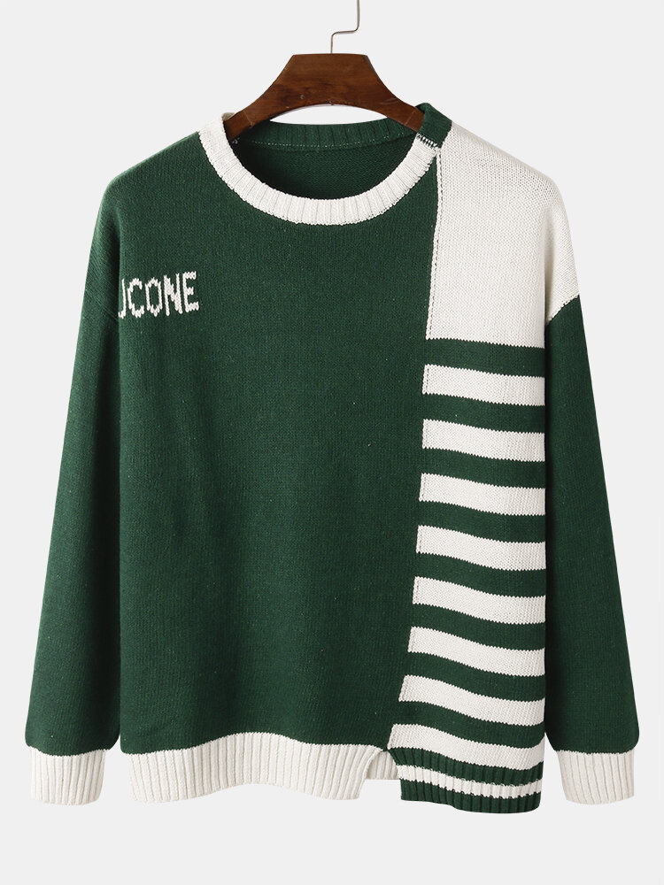 Mens Patchwork Asymmetrical Hem Round Neck Casual Knitted Sweater