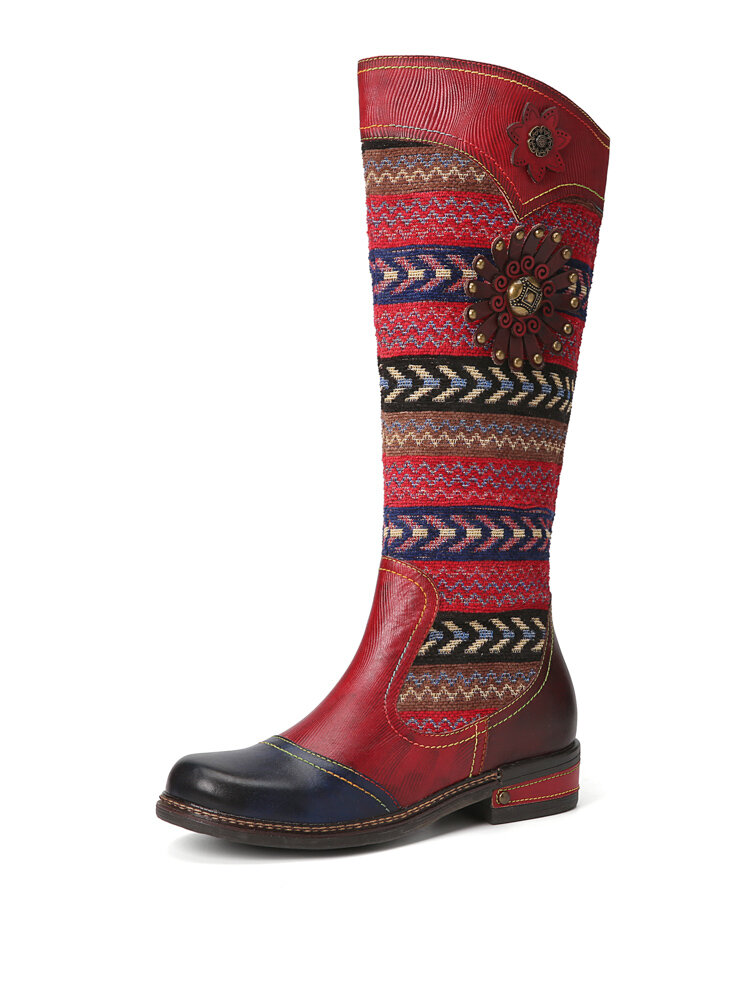 Socofy Leather Retro Ethnic Wave Pattern Side Zipper Comfortable Knee High Flat Boots