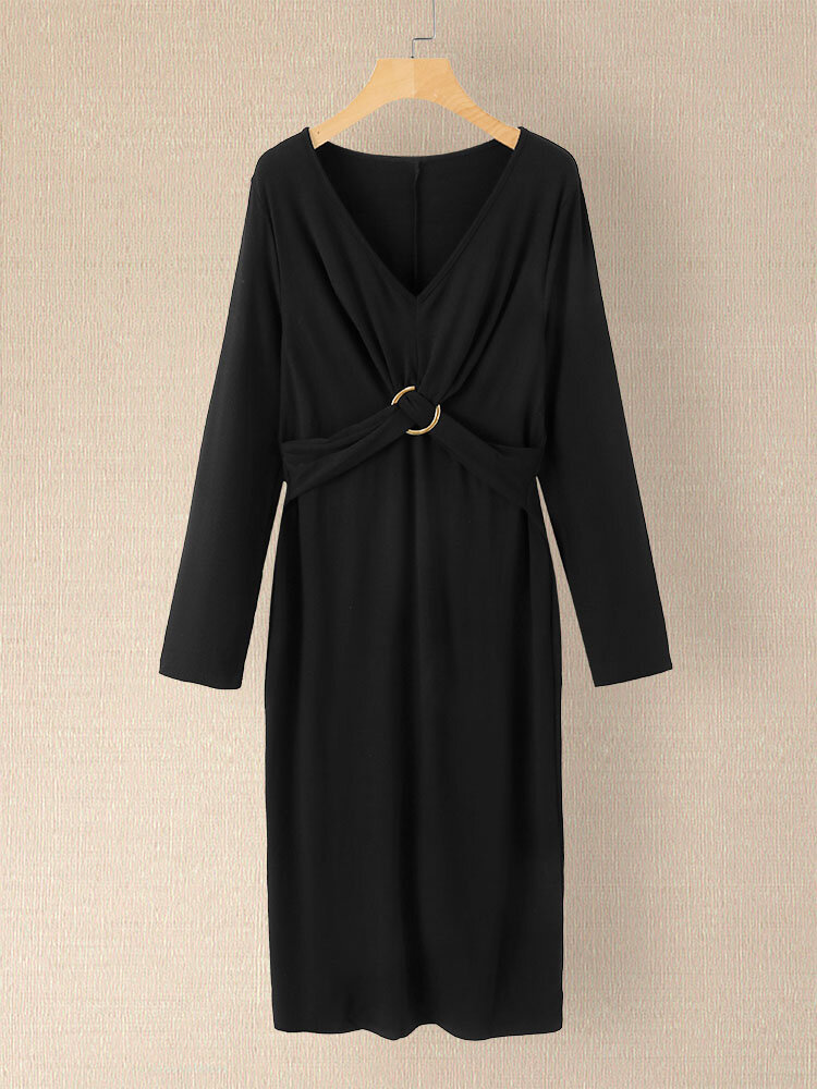 Solid Twist Front Long Sleeve V-neck Casual Bodycon Dress