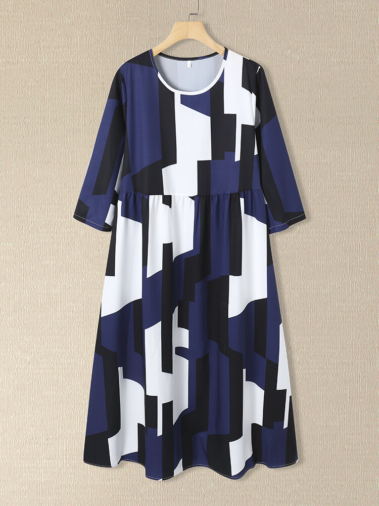 Color Contrast Plus Size O-neck Casual Big Swing Dress