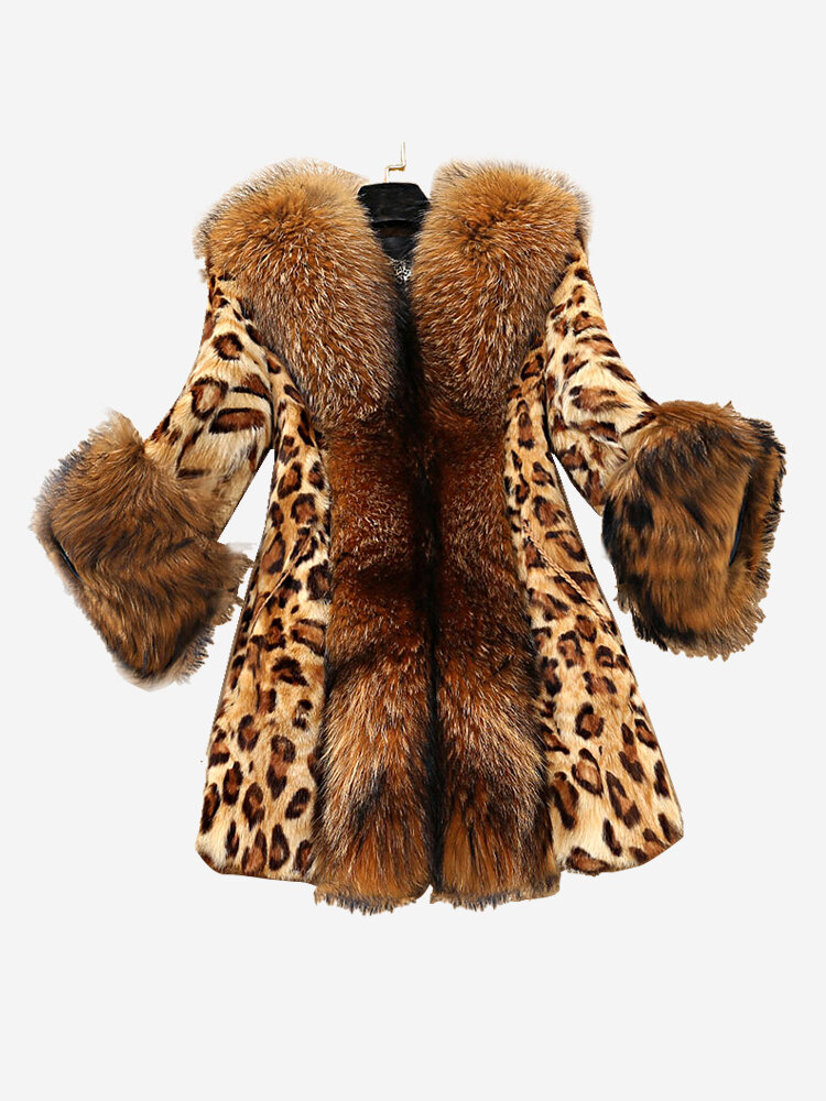 

Elegant Leopard Faux Fur Pockets Coats for Women, As picture shows