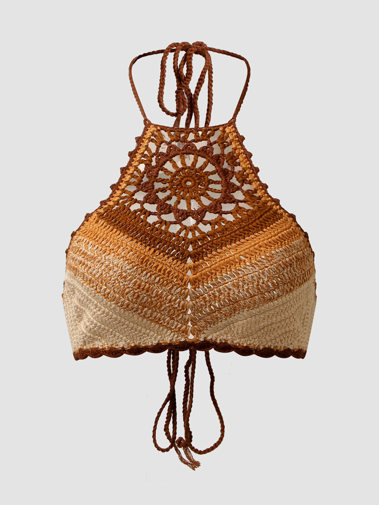 Knit Crochet Halter Tie Open Back Bohemian Crop Top