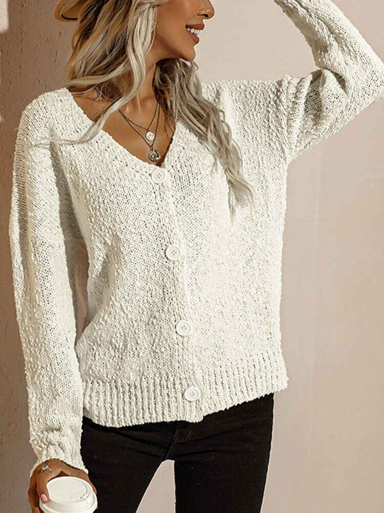 V-neck Long Sleeve Button Women Solid Knitted Cardigan