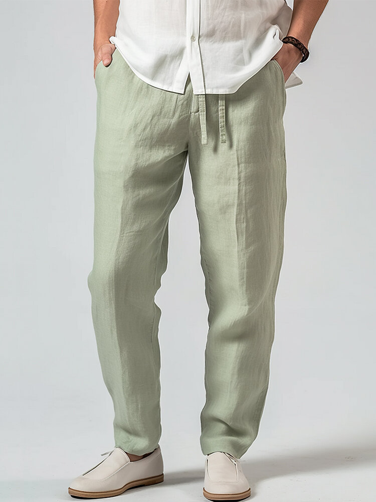 Pantalon décontracté à taille élastique en coton uni pour hommes