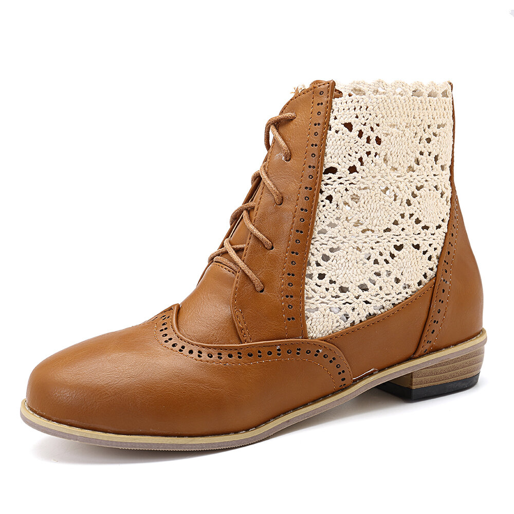 Large Size Women Round Toe Hollow Lace Lace Up Ankle Boots