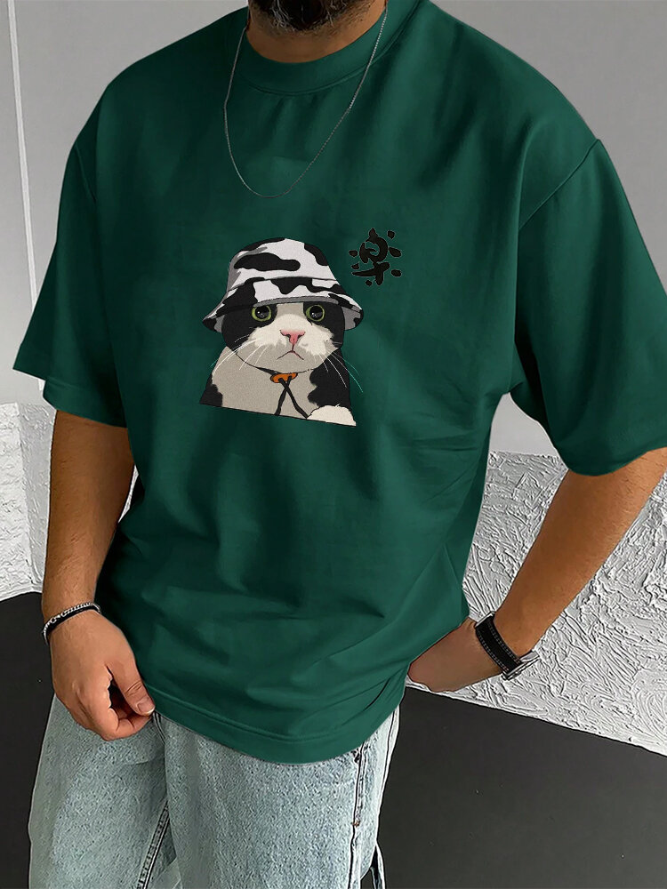 Camisetas masculinas de manga curta com gola redonda e desenho animado Cat de inverno