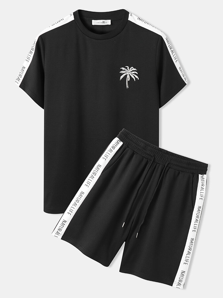 Mens Coconut Tree Print Side Letter Stripe Street Short Two Pieces Outfits