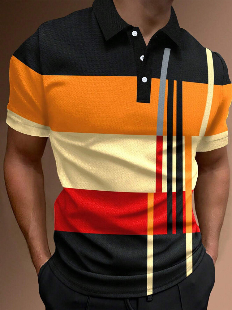 Herren-Golfshirts mit Farbblock-Patchwork-Muster, lässig, kurzärmelig