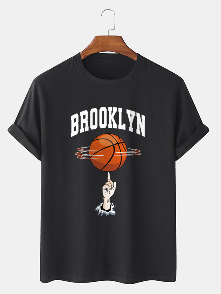 Mens Letter Basketball Gesture Print Cotton Short Sleeve T-Shirts