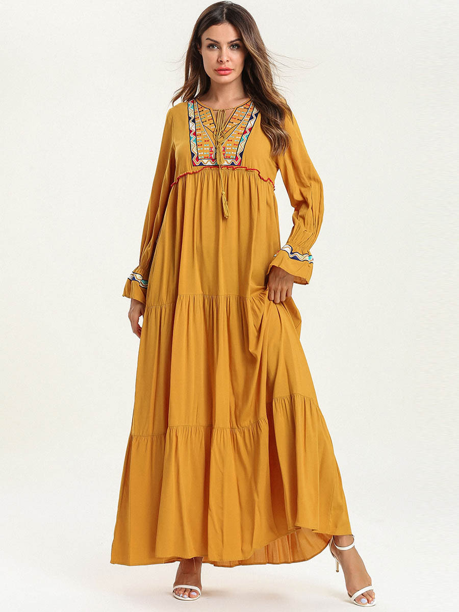 Long-sleeved Embroidered Multi-layer Pleated Maxi Dress