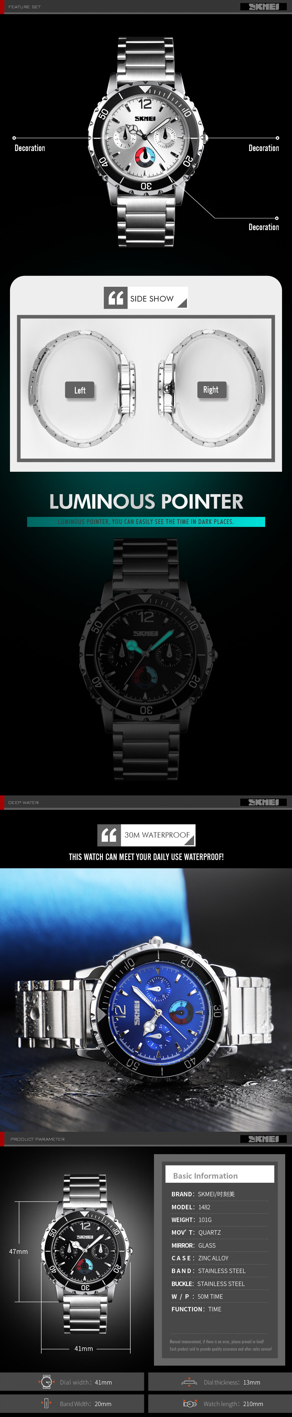 Business Style Stainless Steel Luminous Pointer Quartz Watches Men Wrist Watch -