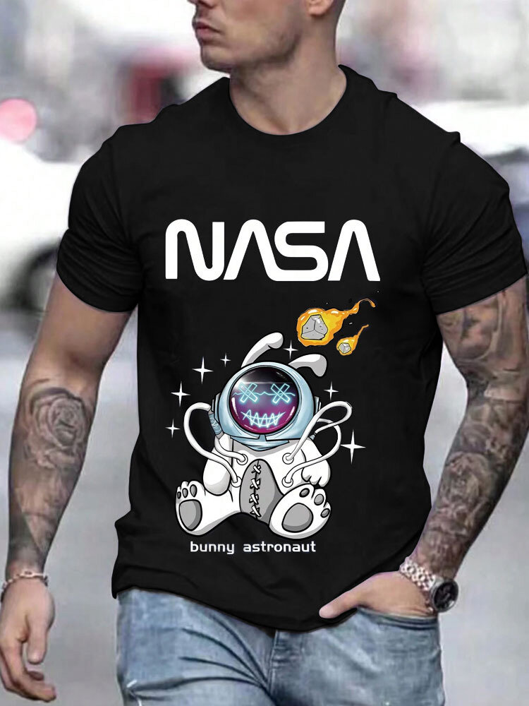 

Mens Cartoon Astronaut Pattern Casual Short Sleeve T-Shirts, Black