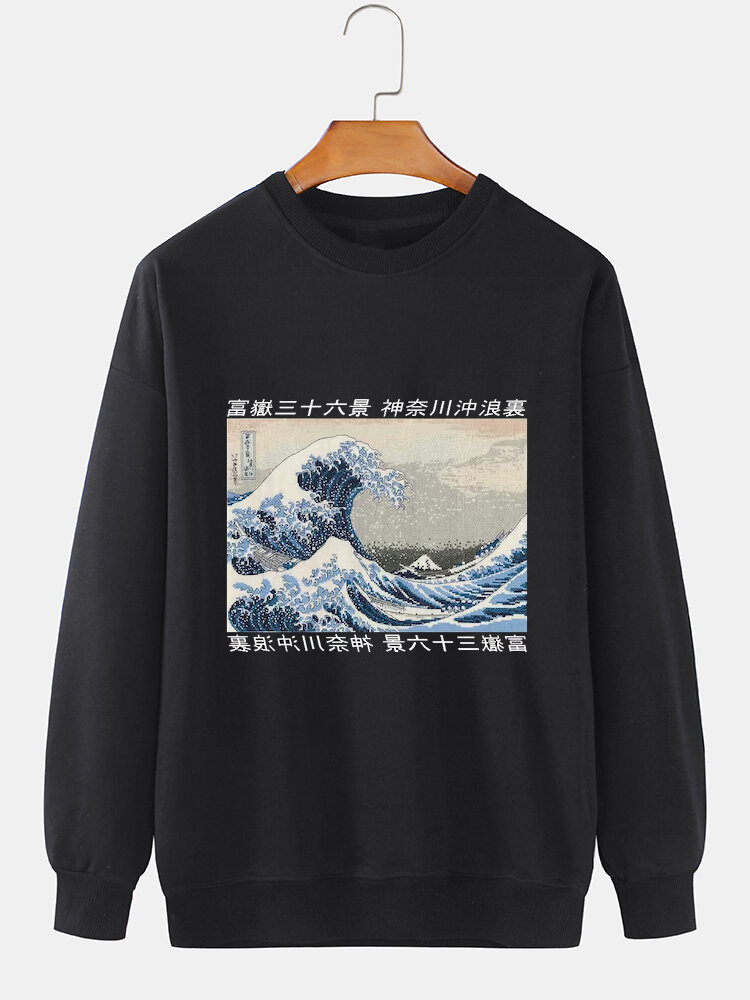 Mens Japanese Wave Ukiyoe Print Crew Neck Pullover Sweatshirts