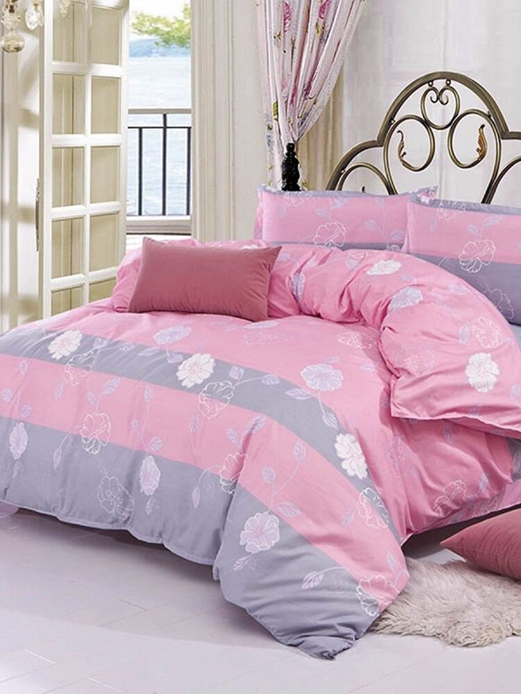 3/ 4PCS Pink Flower Reactive Printing Bed Cover Single Twin Queen Size Bedding Set