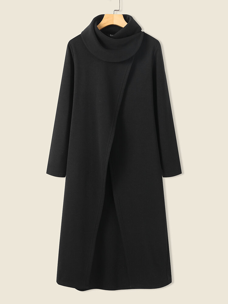 

Solid Asymmetrical Long Sleeve Turtleneck Casual Dress, Black