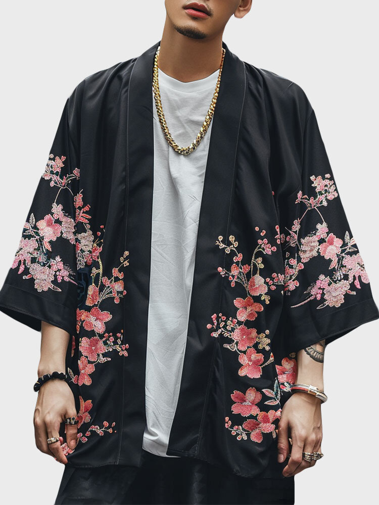 Kimono masculino japonês com estampa floral aberta na frente solta manga 3/4