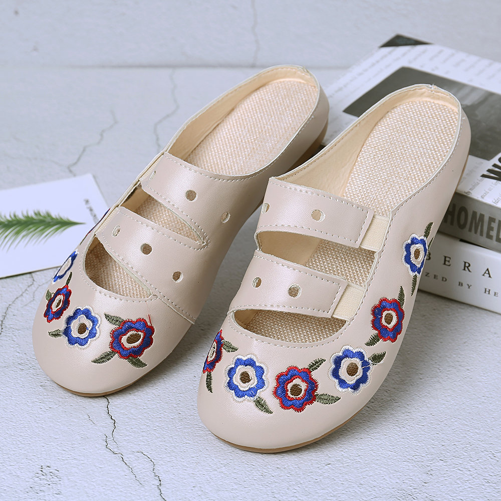Embroidered Retro Elastic Band Round Toe Backless Flats Shoes