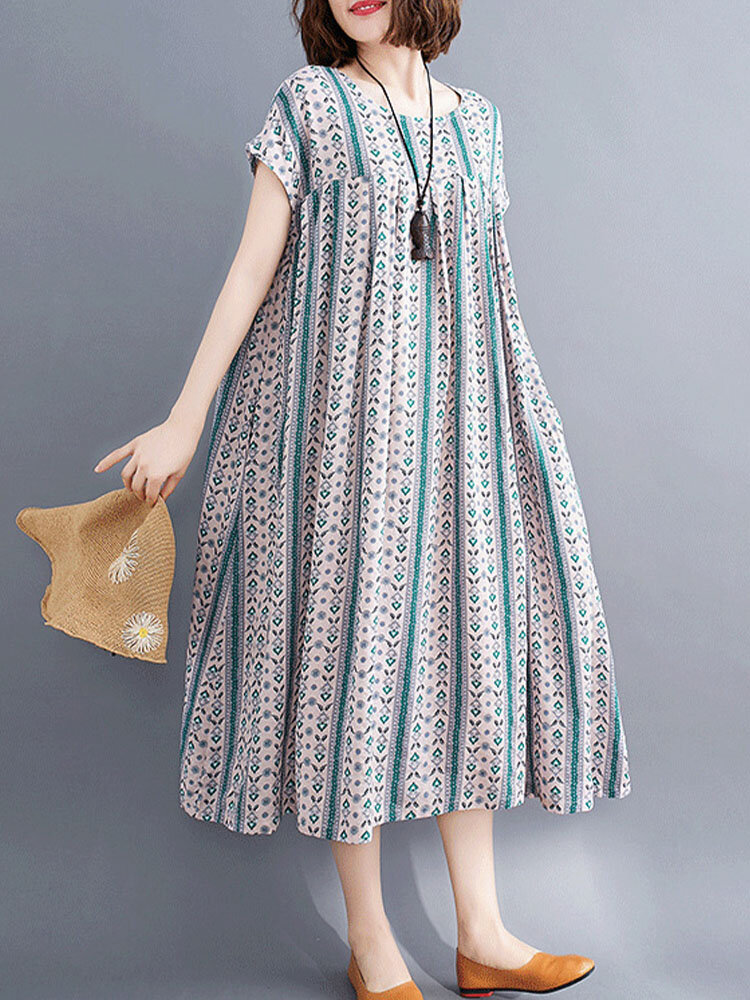 Bohemian Striped Ethnic Print Short Sleeve Plus Size A-line Midi Dress